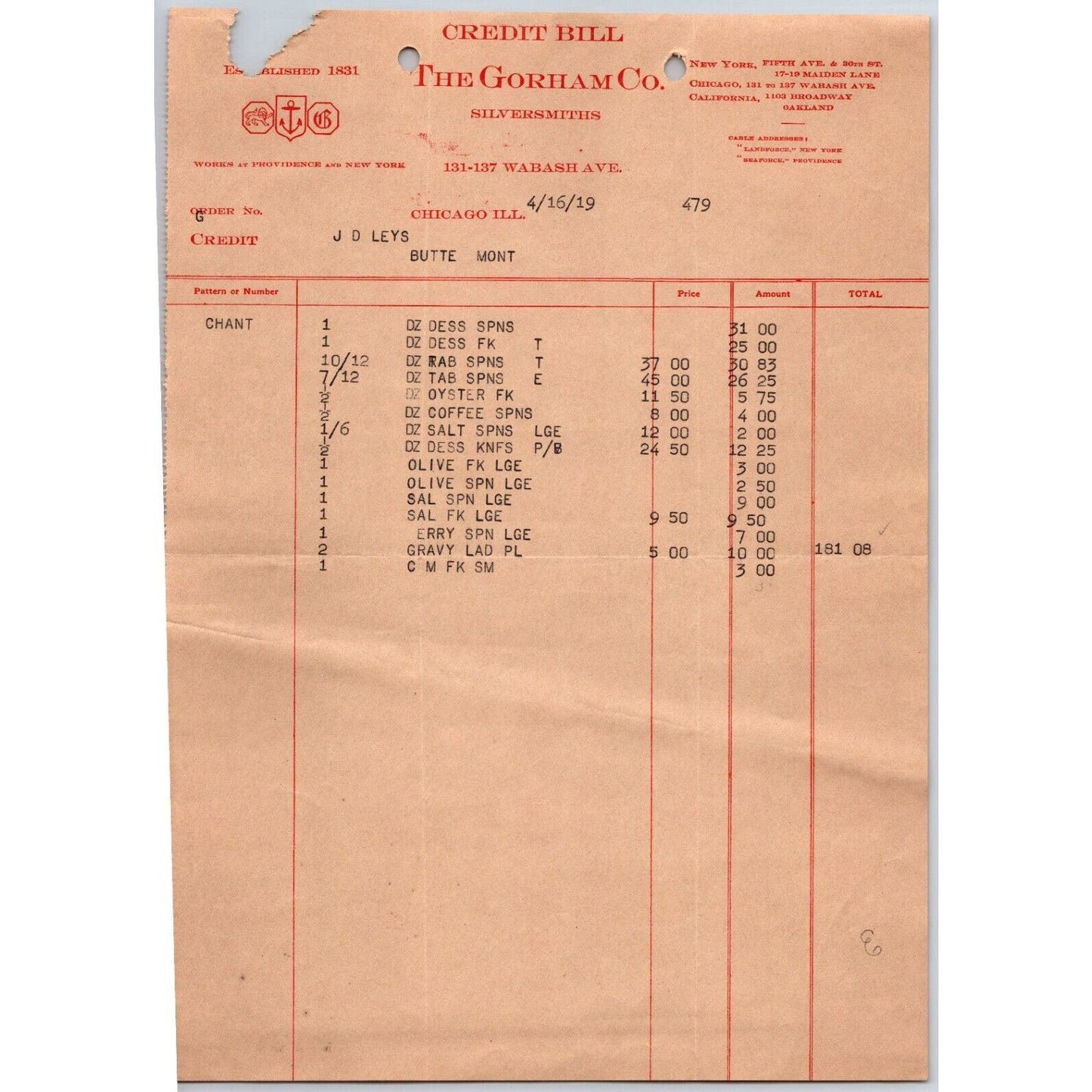 Gorham Company Silver to "Leys" Jewelers Butte, MT 1919 Credit Memo Billhead