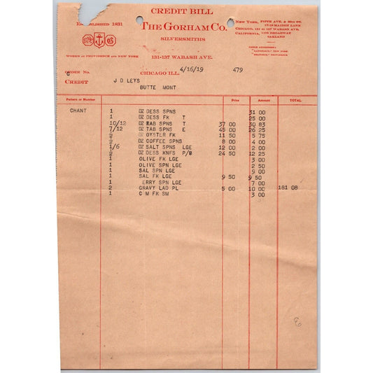Gorham Company Silver to "Leys" Jewelers Butte, MT 1919 Credit Memo Billhead