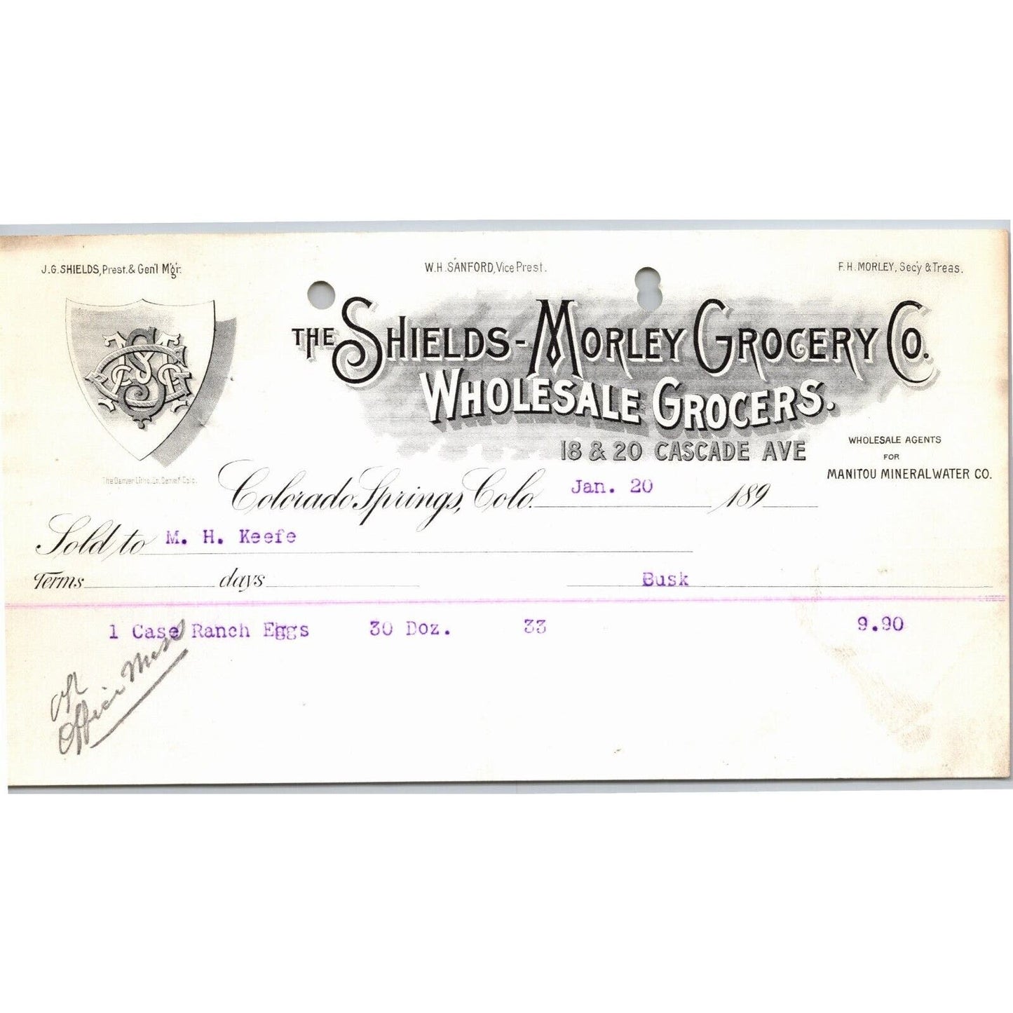 c1895 Shields-Morley Grocery Colorado Springs Letterhead M.H. Keefe "Ranch Eggs"