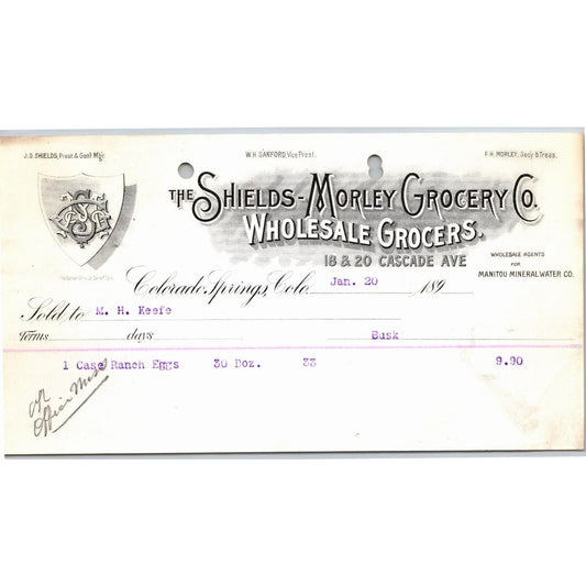 c1895 Shields-Morley Grocery Colorado Springs Letterhead M.H. Keefe "Ranch Eggs"