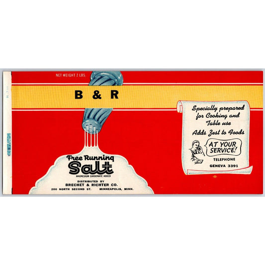 B & R Free Running Salt Paper Label 1948 Brechet & Richter Co Minneapolis Scarce