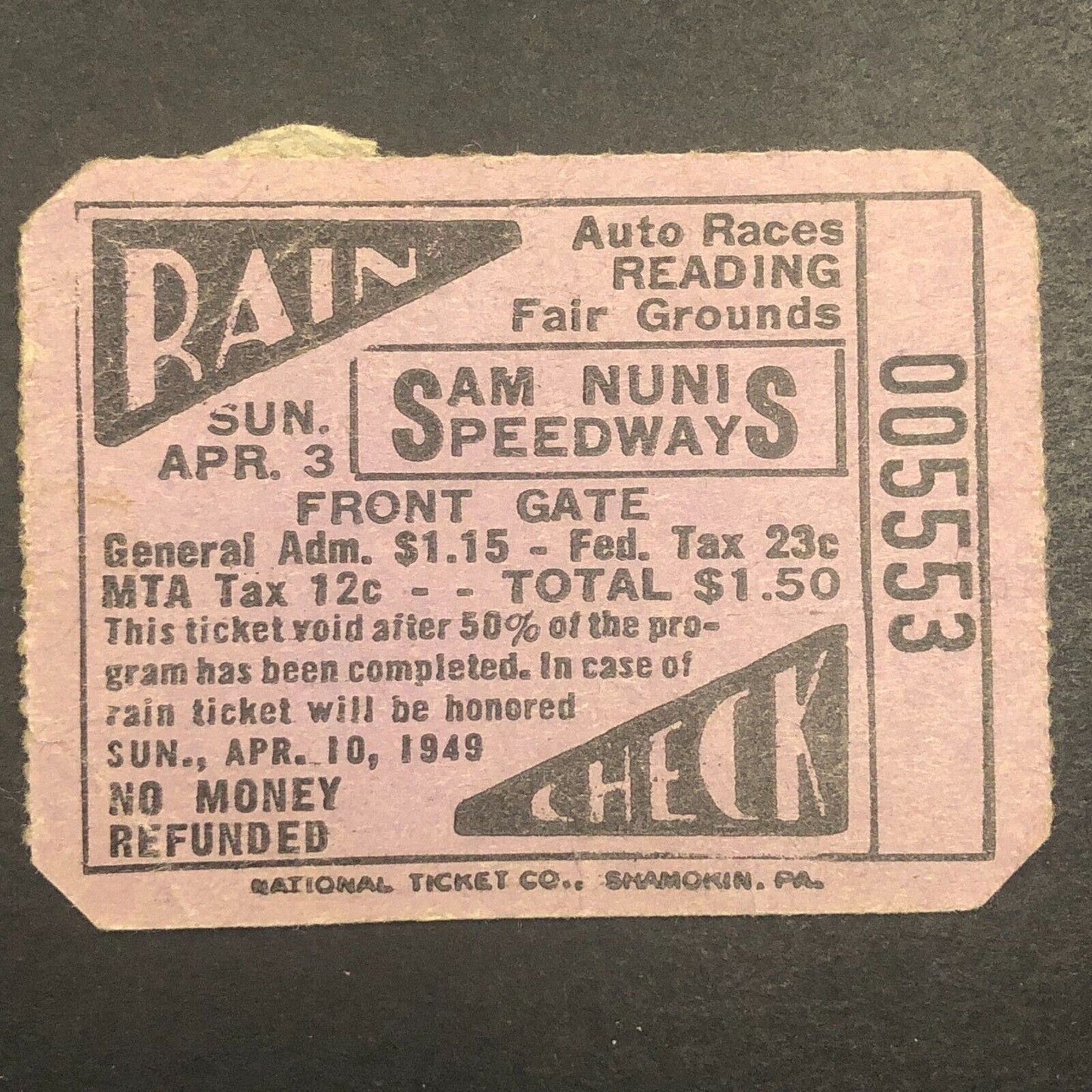 Sam Nunis Speedway Reading Auto Racing Rain Check Ticket 4/3 1949 Hinnershitz