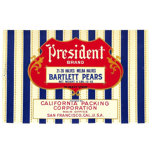 1940 Paper Can Label President Brand Melba Halves Bartlett Pears VGC - Scarce