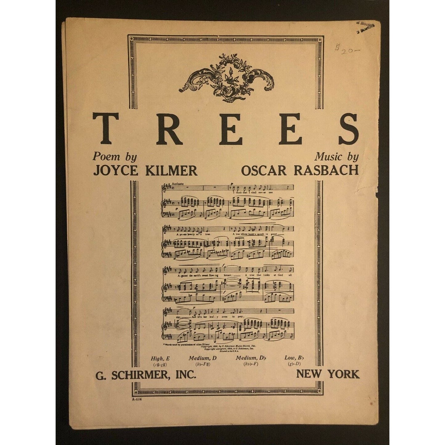 Vintage 1922 Sheet Music "Trees" Joyce Kilmer & Oscar Rasbach