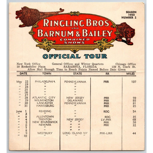 1950 Ringling Bros Barnum Bailey Circus Route Card Atlantic City Newark Westbury