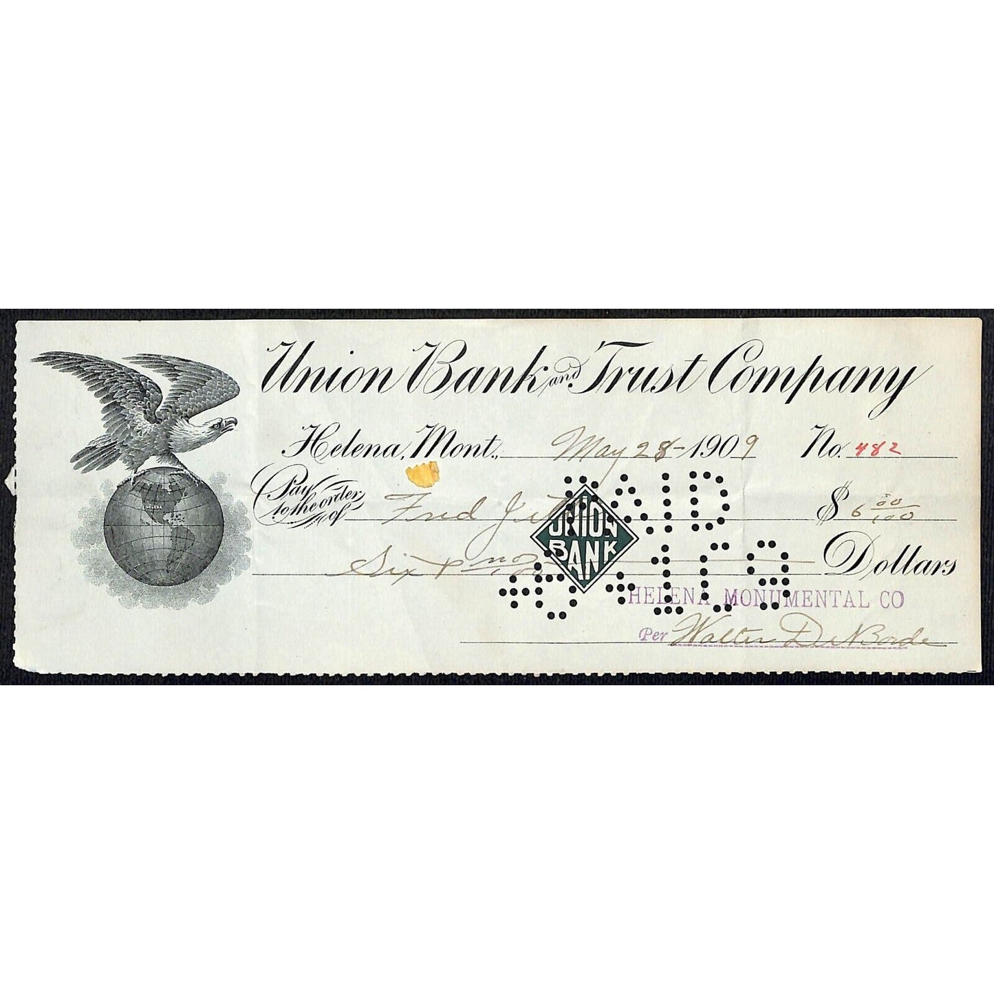Butte Montana Union Bank and Trust Co. 1909 Payment Receipt Eagle Globe Vignette