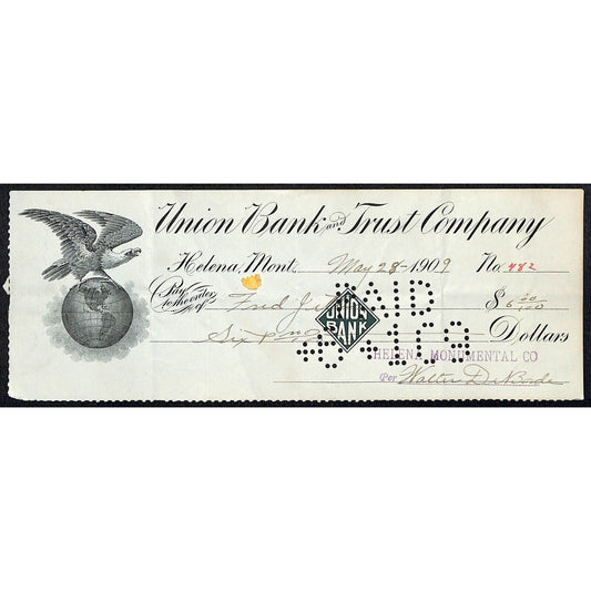 Butte Montana Union Bank and Trust Co. 1909 Payment Receipt Eagle Globe Vignette