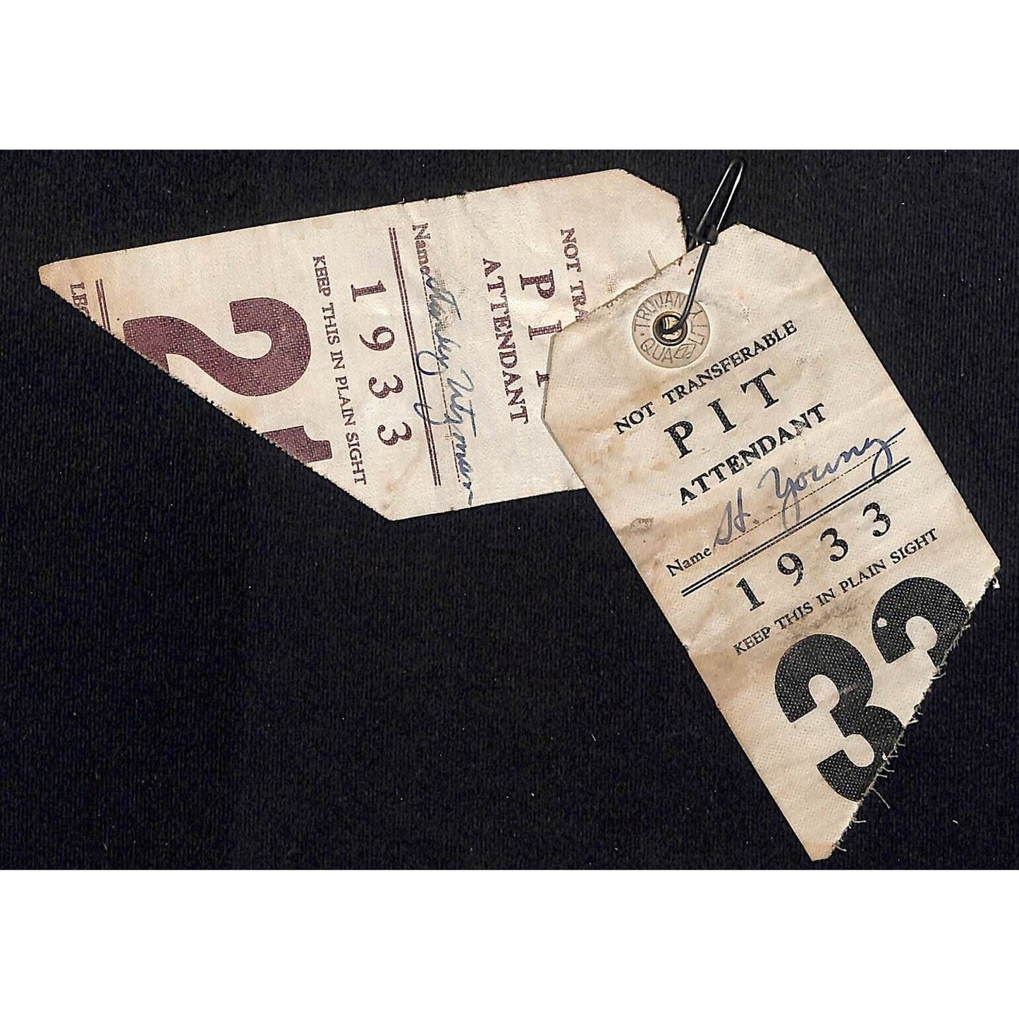 1933 Legion Ascot Speedway Pit Passes / Pit Attendant #21 & #33 - VERY Scarce
