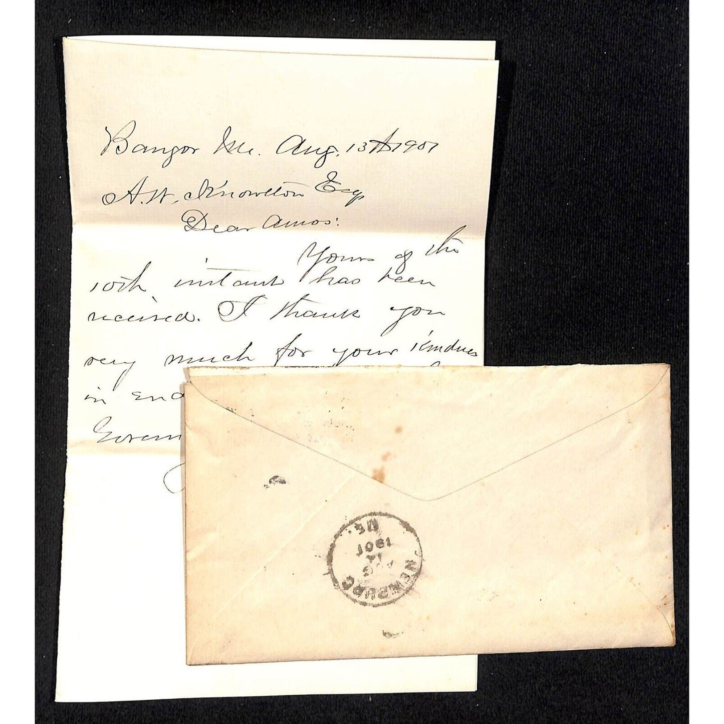 Newburgh, ME Amos W. Knowlton* 1901 ALS - An Endorsement Thank You Letter