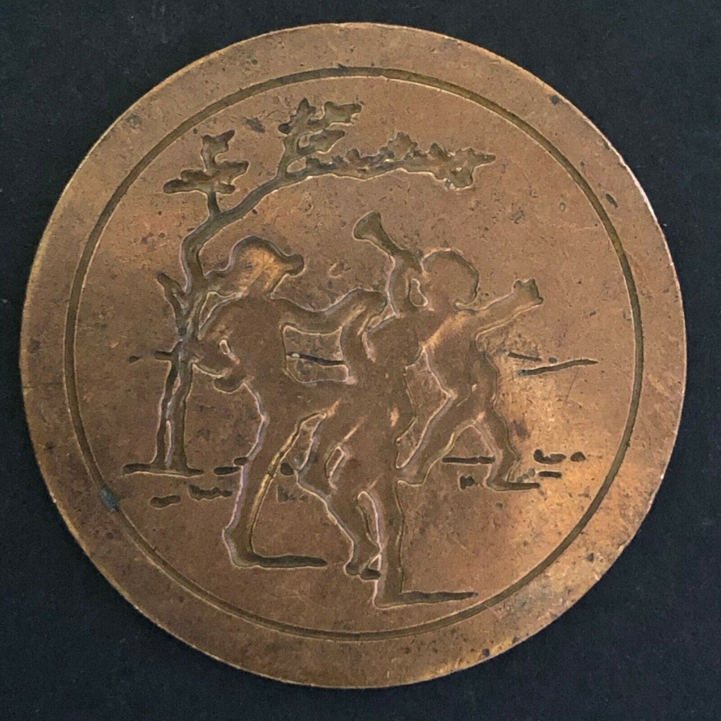 32.3mm Thin Brass Token Children Dancing Outside w/ Horn - Fauver Collection