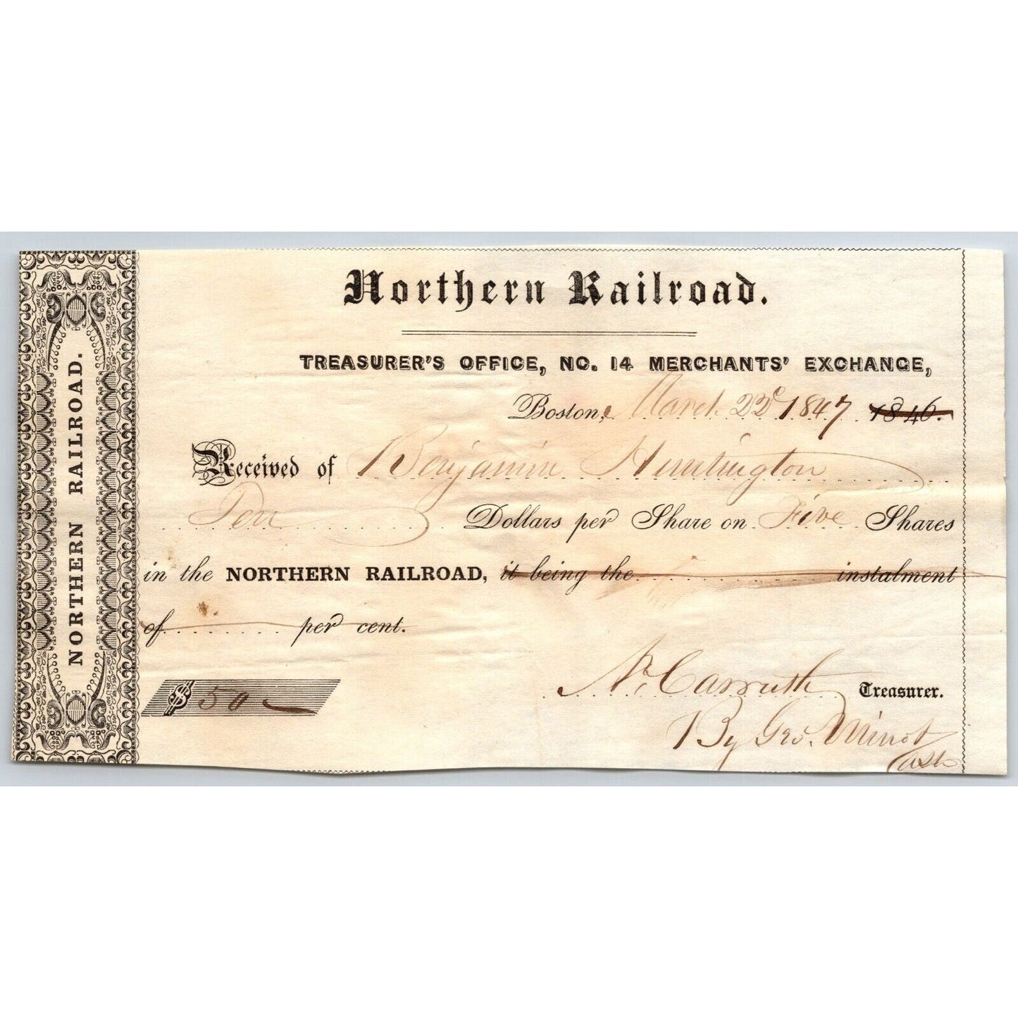 1847 Boston, MA Treasurer Receipt Northern Railroad Stock "Benjamin Huntington"