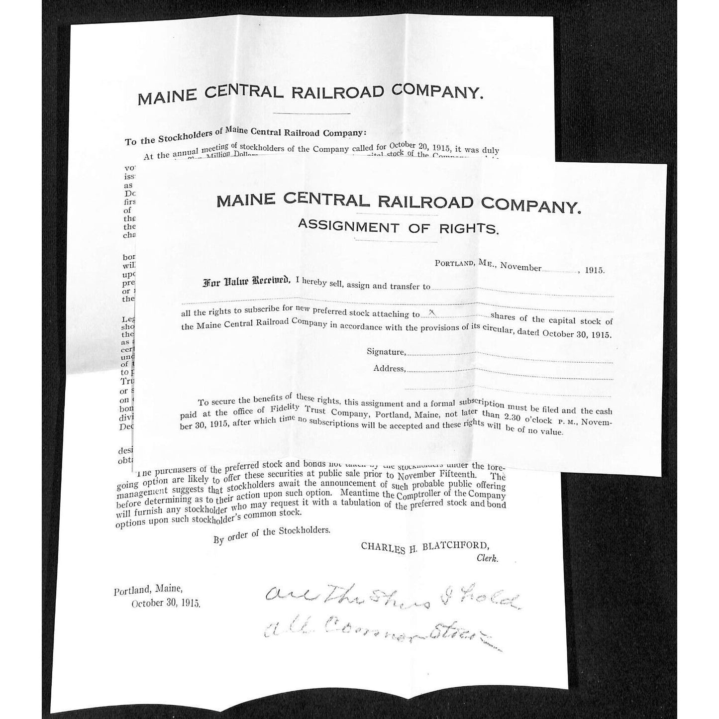 Newburgh, ME Amos W. Knowlton* 1915 Maine Central Railroad Shareholder Notice++