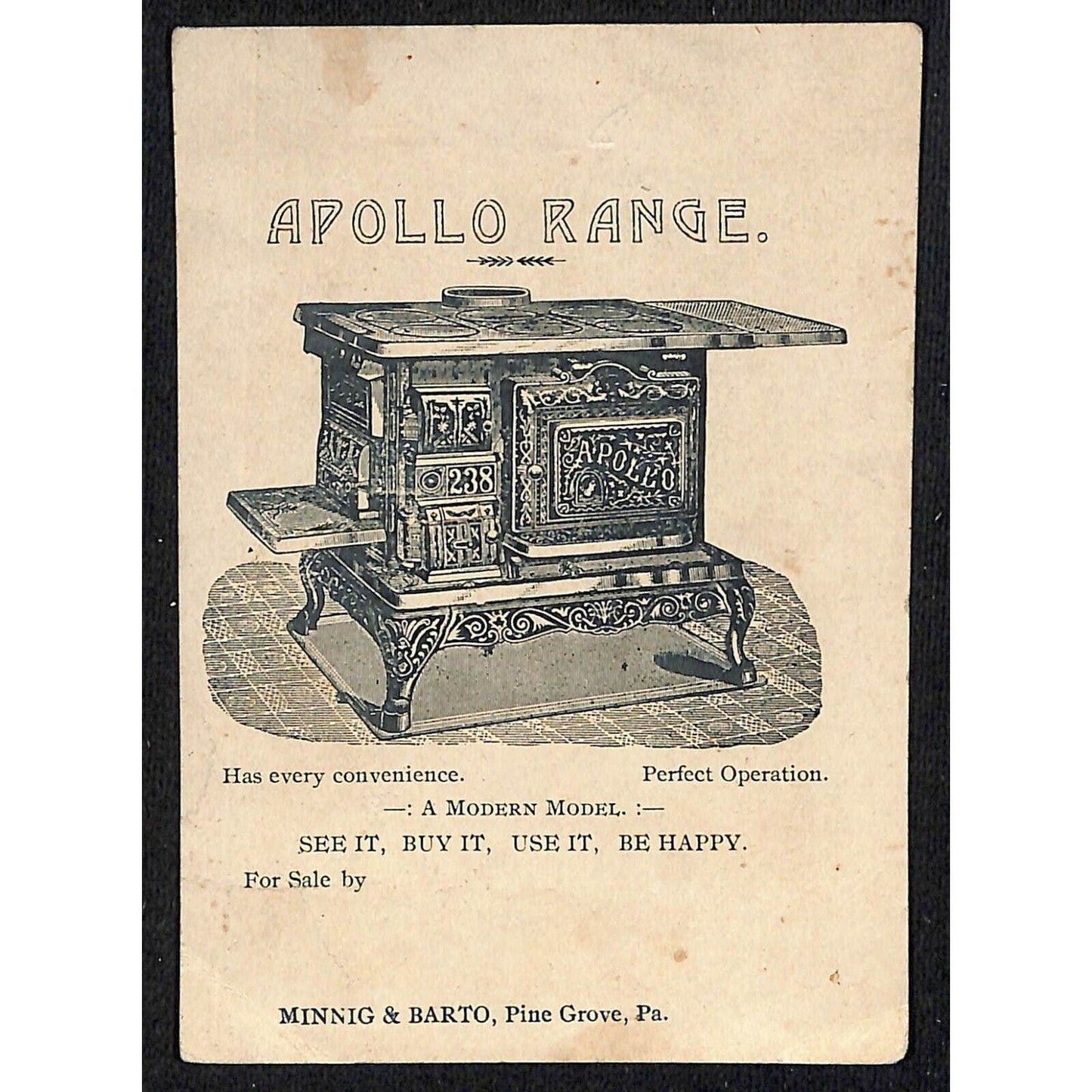c1880's-90's Victorian Trade Card Apollo Range Minnig & Barto Pine Grove, PA