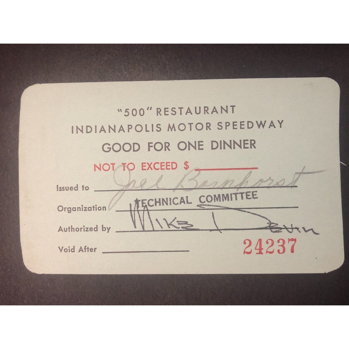 Indianapolis Motor Speedway "500" Restaurant G/F One Dinner Card Scarce c1960's?