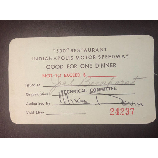 Indianapolis Motor Speedway "500" Restaurant G/F One Dinner Card Scarce c1960's?