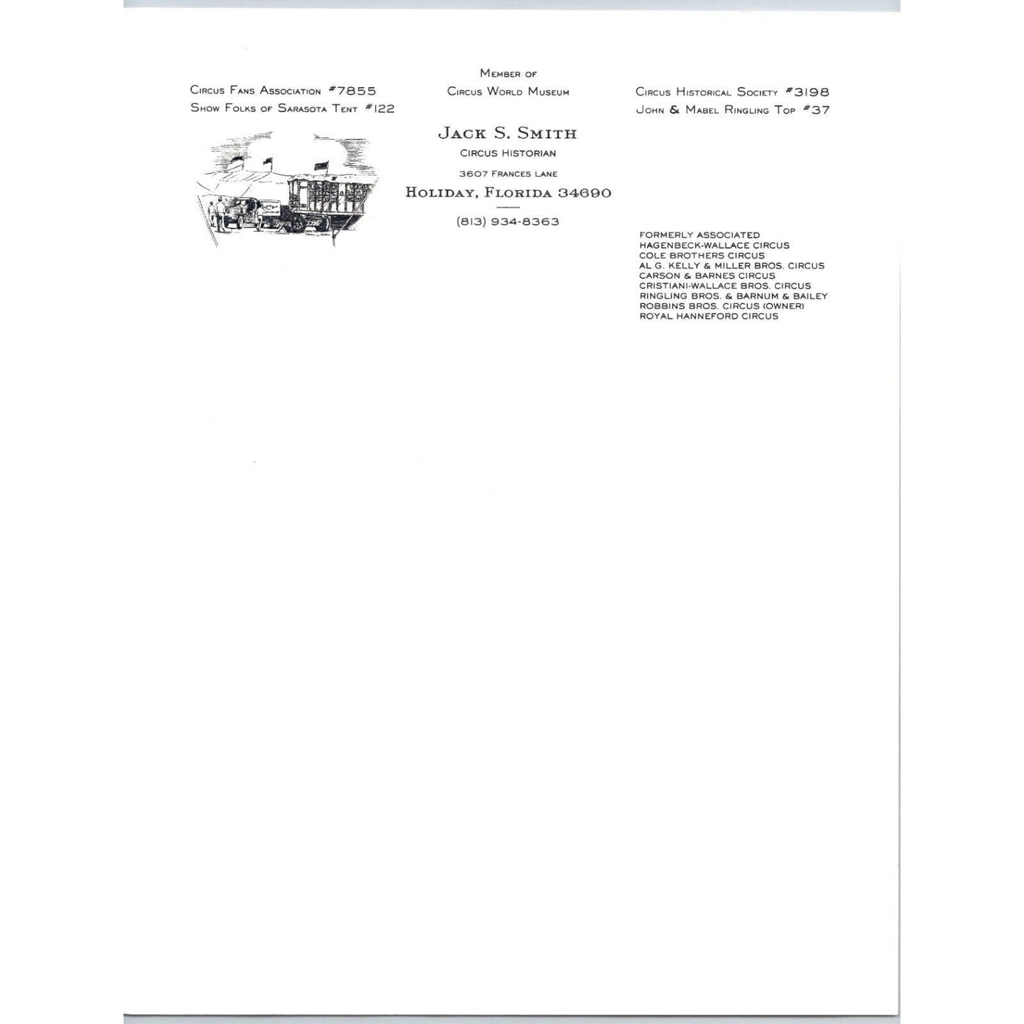 Jack S. Smith Circus Historian c1965-70's Holiday, FL Letterhead Scarce
