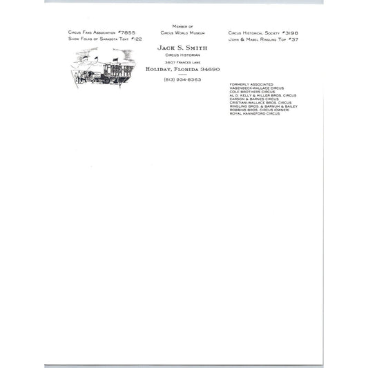 Jack S. Smith Circus Historian c1965-70's Holiday, FL Letterhead Scarce