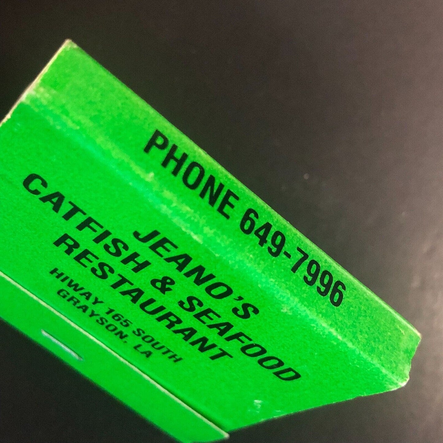 Jeano's Catfish & Seafood Restaurant Grayson, LA Full Matchbook c1975-85