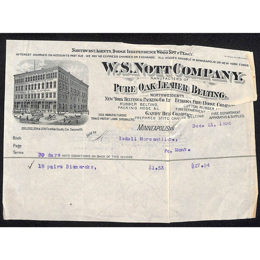 Minneapolis W.S. Nott Co. Pure Oak Leather Belting 1896 Billhead w/ Vignette
