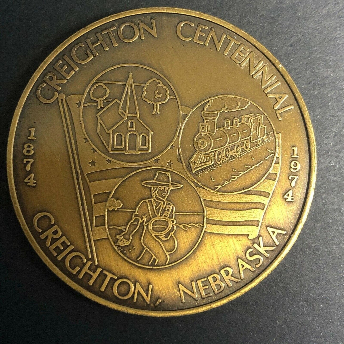 1974 40mm .8oz Bronze Colored Creighton Nebraska Centennial Medallion