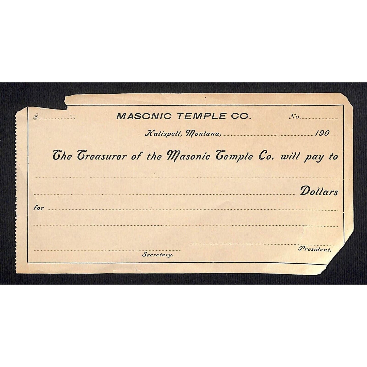 1900 Kalispell Montana Masonic Temple Unused Receipt / Billhead