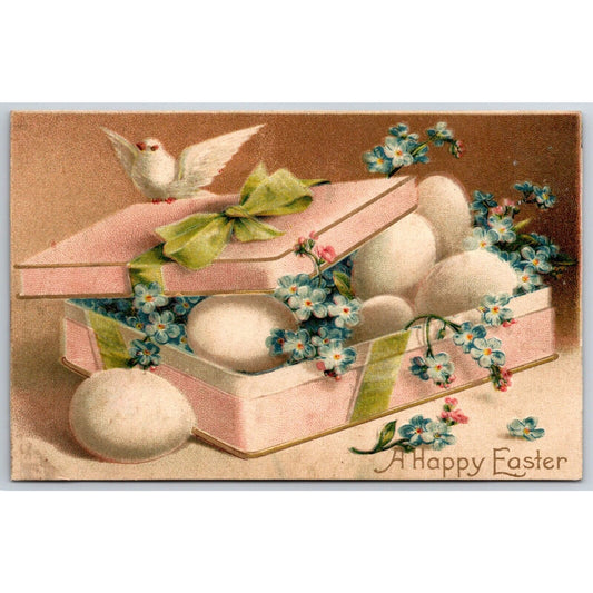 Easter Postcard Gift Box of Eggs Dove Ribbon Gilt Emb. NP c1915