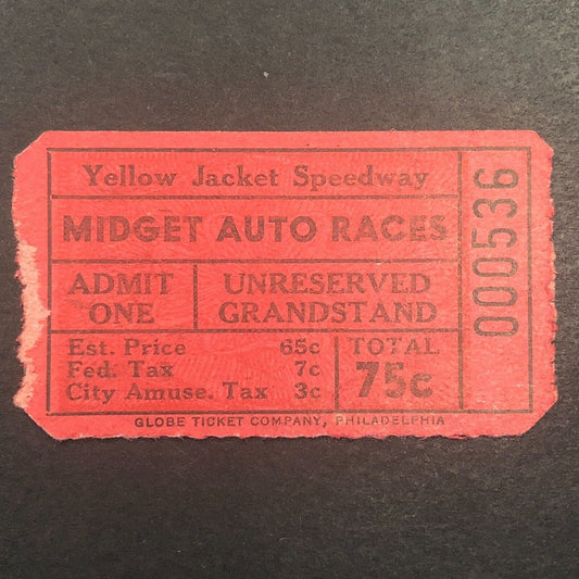 Yellow Jacket Speedway Midget Auto Racing 1939 ? Joie Chitwood Rain Check Ticket