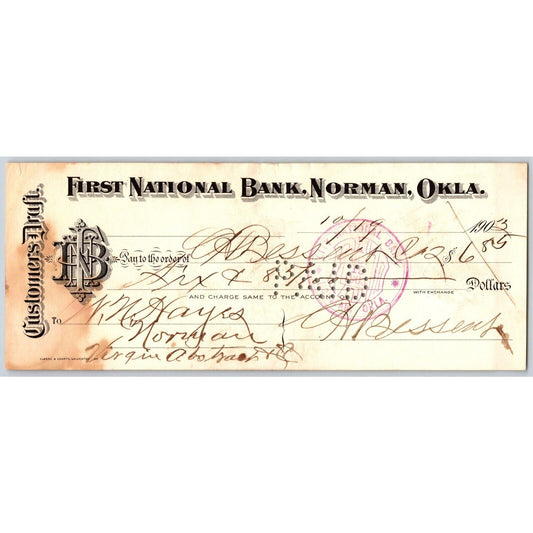 Norman, Oklahoma Territory 1903 $6.85 "First National Bank" Check Scarce
