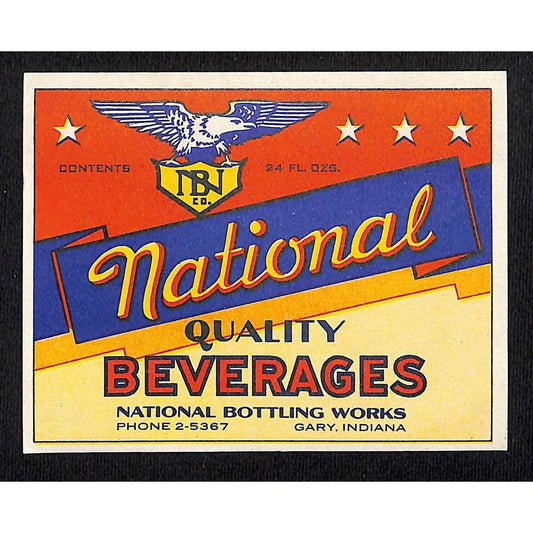 National Beverages Soda Paper Label National Bottling Co. Gary, IN c1940's-50's