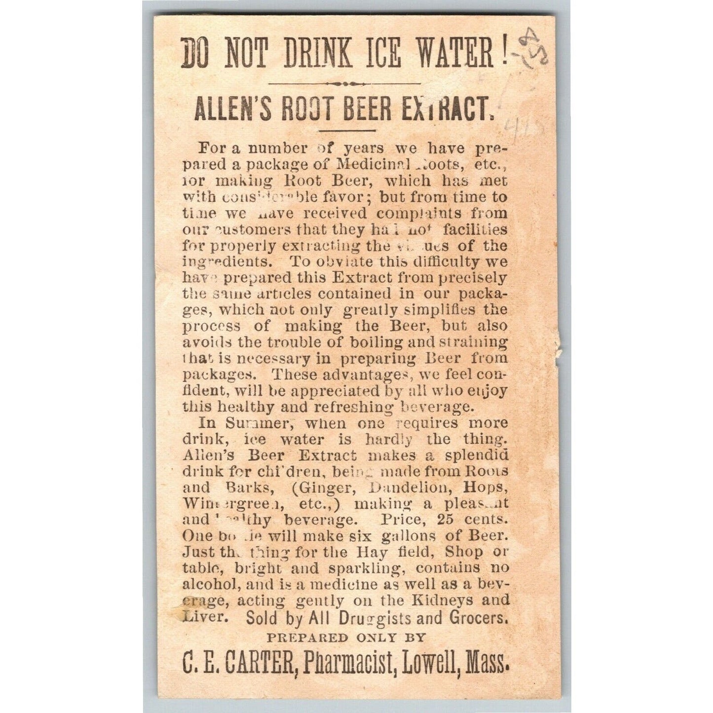 Allen's Root Beer Extract Lowell, MASS Outdoor Girls Birds Victorian Trade Card