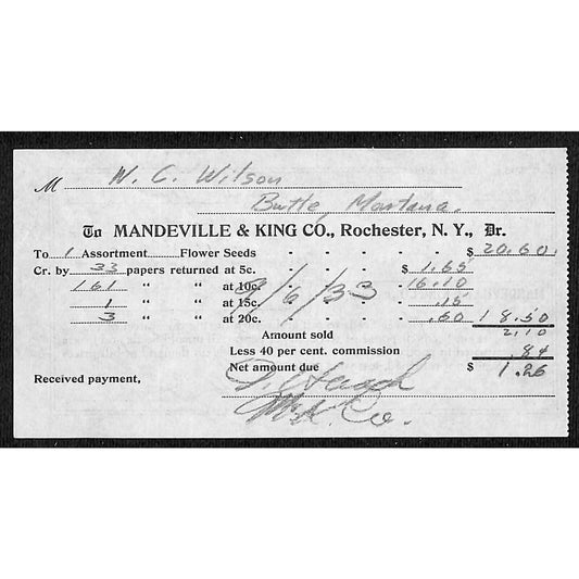 Mandeville & King Co. Butte Montana 1933 Billhead Letterhead Wilson Drug