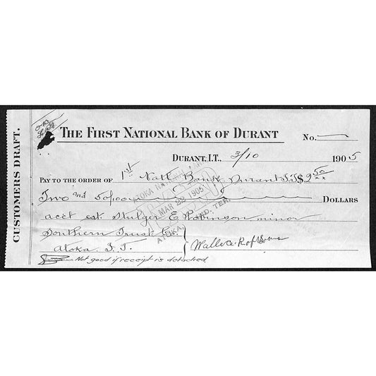 Durant, OK 1905 Indian Territory Durant National Bank Draft Check - Scarce