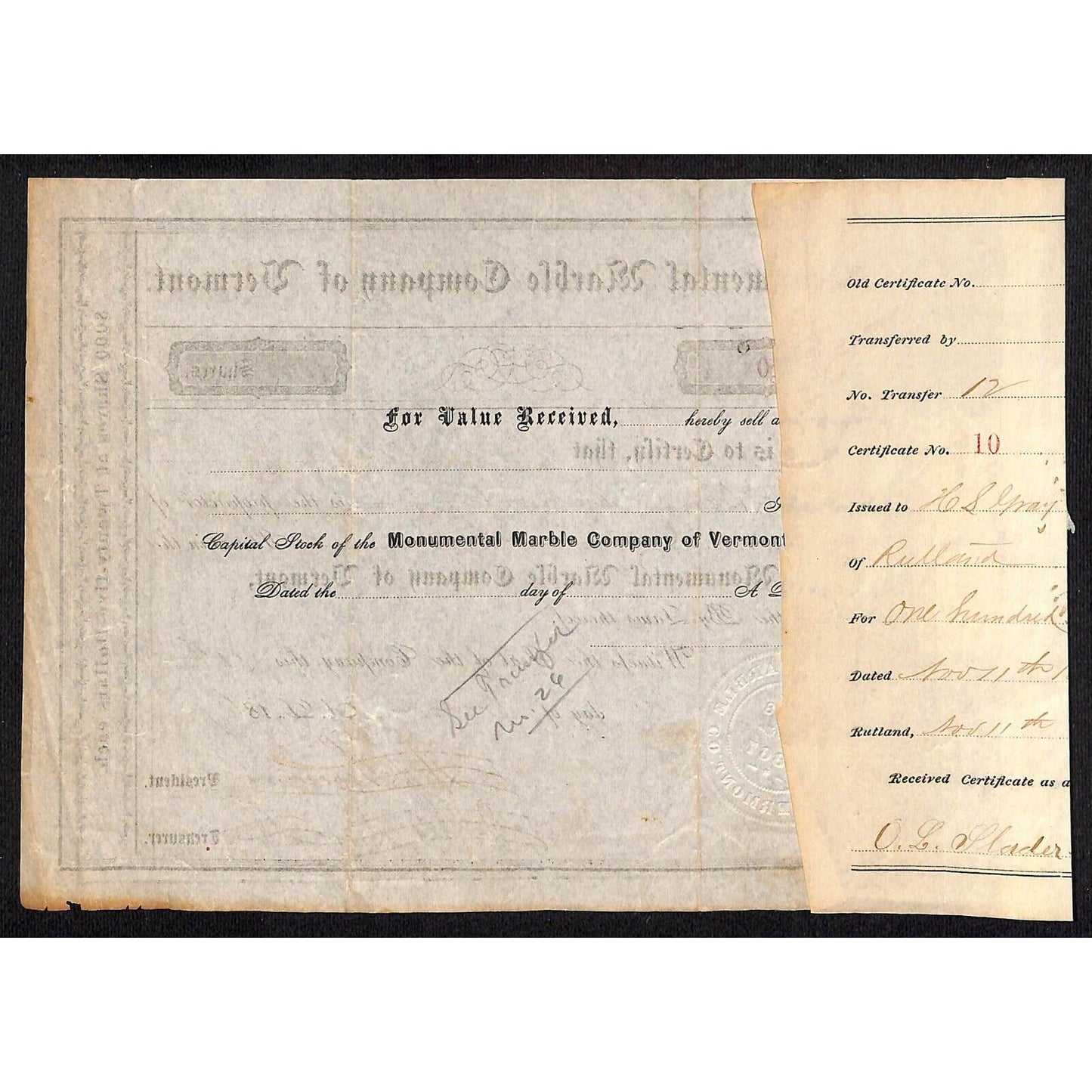 "Monumental Marble Company of Vermont" Rutland 1867 Stock Certificate H.L Gray
