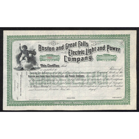 Boston and Great Falls Electric Light and Power Montana c1899 Stock Certificate