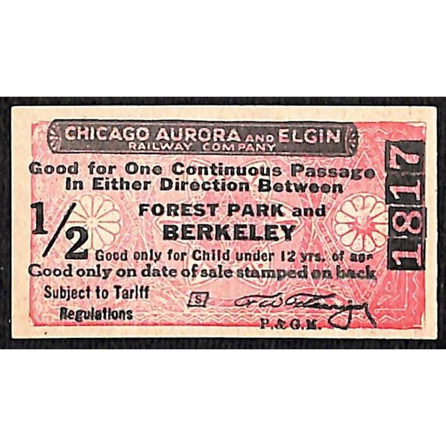 Chicago, Aurora and Elgin Railway Railroad Ticket Forest Park and Berkeley #1817