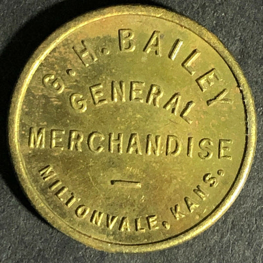 G.H. Bailey Miltonvale, Kans. General Merchandise Brass G/F 5c Token 21.4mm