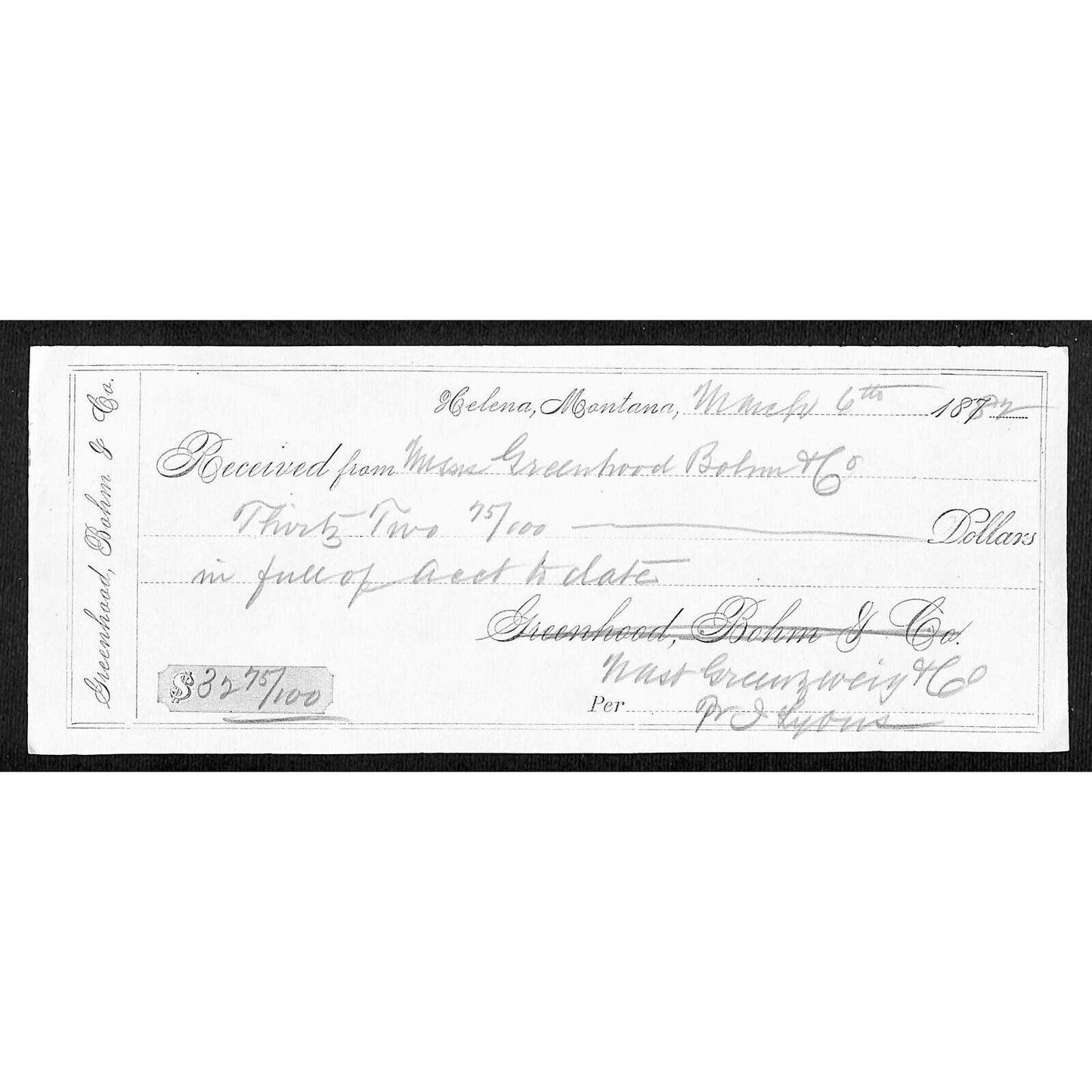 Greenhood Bohm & Co. Helena, MT (Clothiers) 1882 Payment Receipt