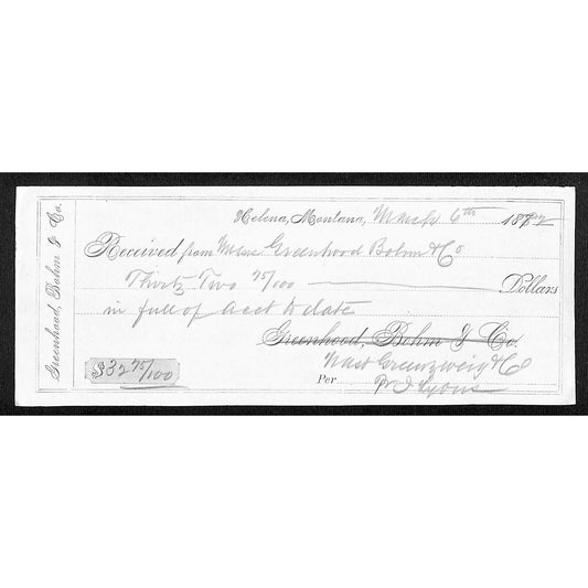 Greenhood Bohm & Co. Helena, MT (Clothiers) 1882 Payment Receipt