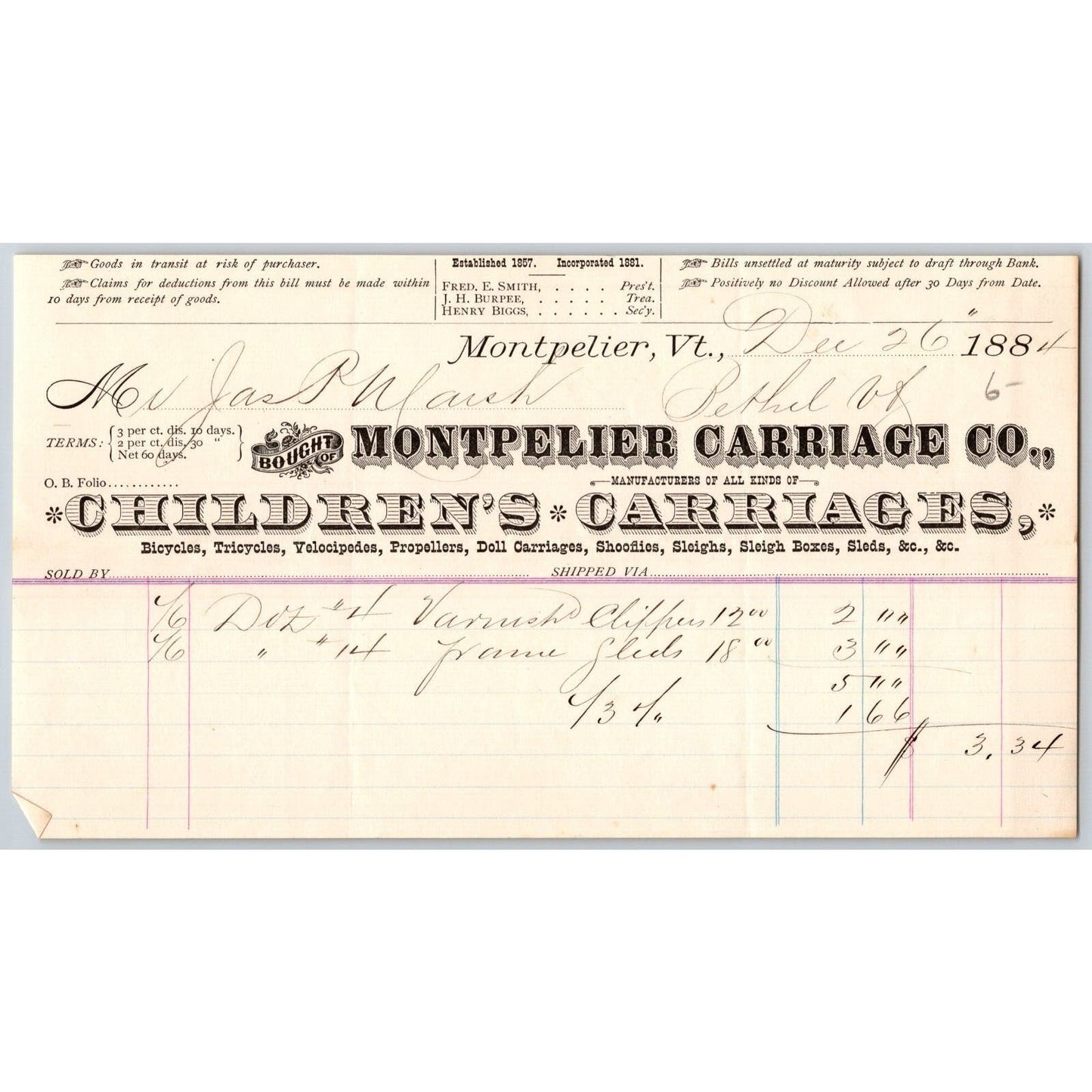 Montpelier Carriage Co. VT Children's Carriages Bicycles Tricycles 1884 Billhead