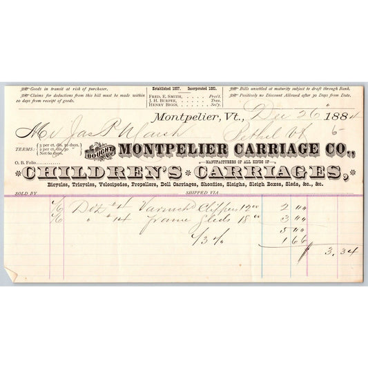 Montpelier Carriage Co. VT Children's Carriages Bicycles Tricycles 1884 Billhead