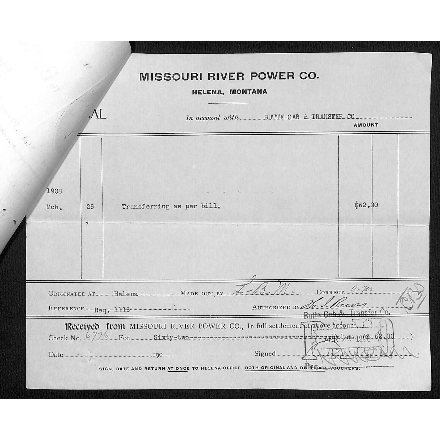 Butte, MT Butte Cab and Transfer Co. 1908 Billhead & Missouri River Power