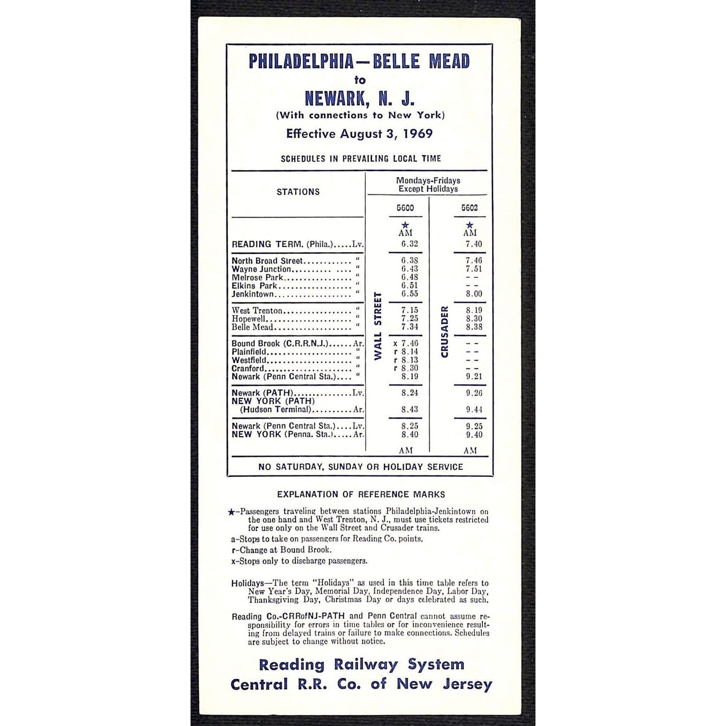 1969 Reading Railway System Newark / Belle Mead Time Table Card - VGC