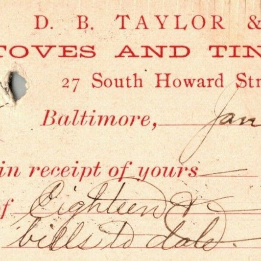 1896 Adv. Payment Conf. Postcard D.B. Taylor Stoves Tinware Baltimore E. Baker*