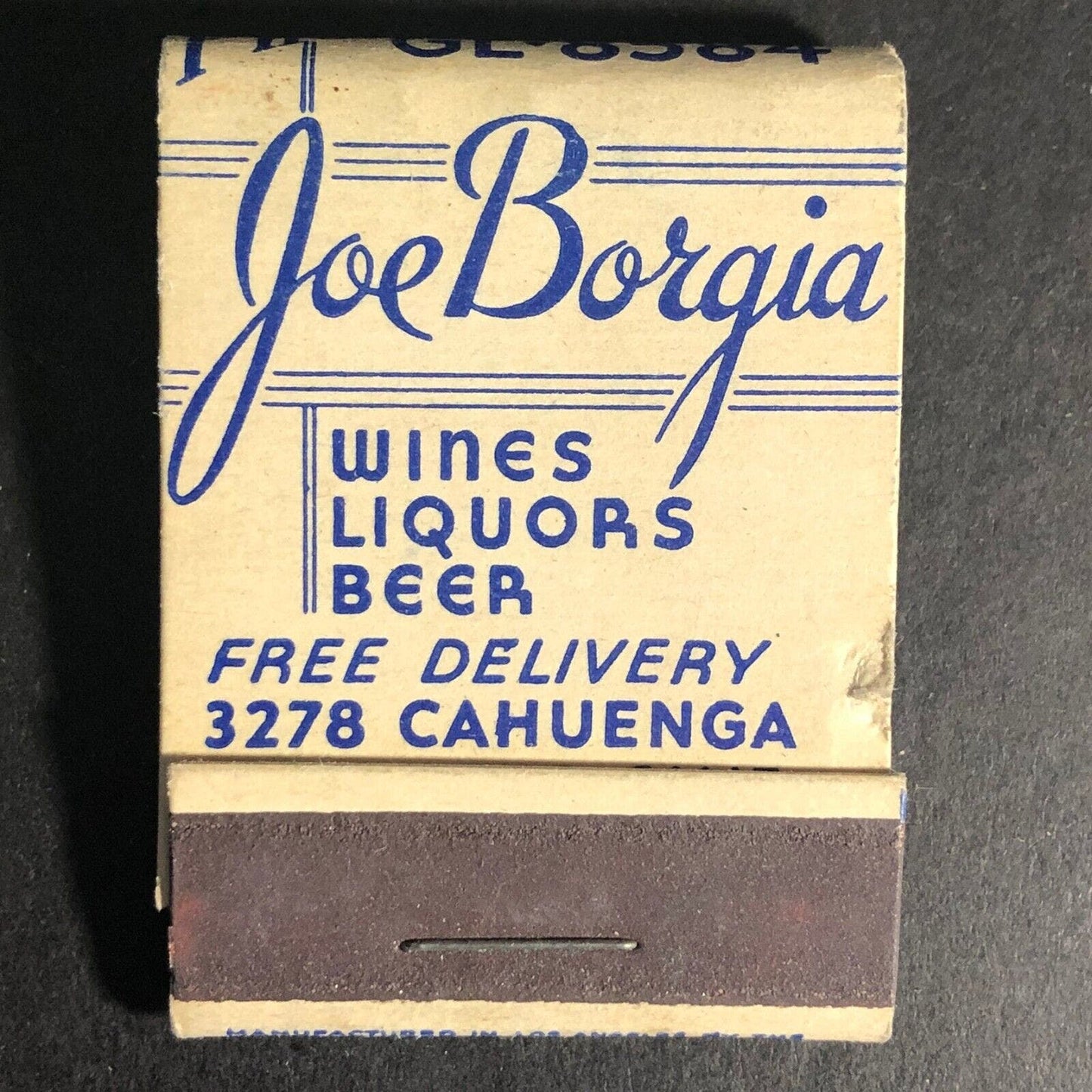 Joe Borgia Wines Liquors Hollywood 22-Strike Full Matchbook c1940's Very Scarce