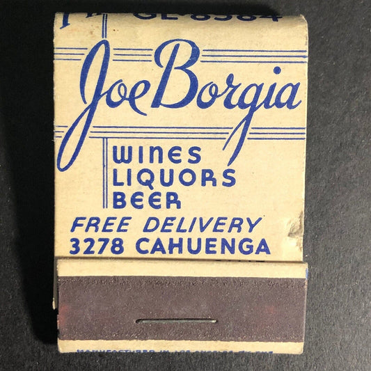 Joe Borgia Wines Liquors Hollywood 22-Strike Full Matchbook c1940's Very Scarce