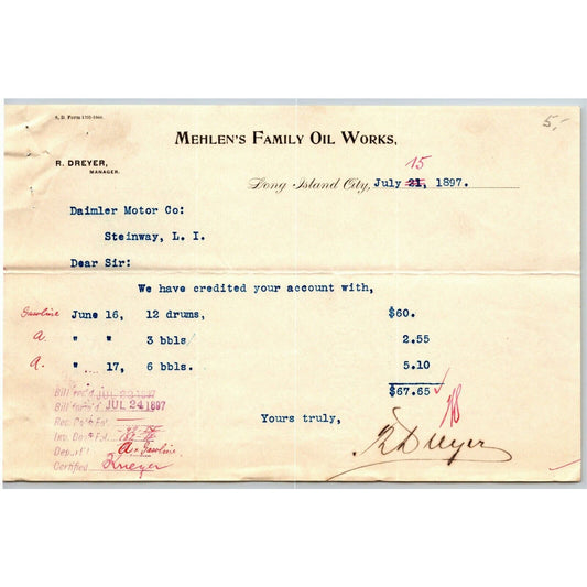 1897 LIC Letterhead Mehlen's Family Oil Works to Daimler Motor Co "Steinway, NY"
