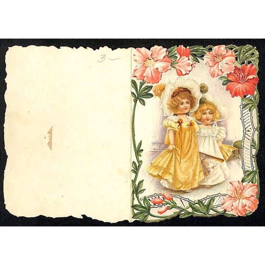 "I Love Thee" Victorian Valentine Greeting Card w/ Girls Die Cut Embossed