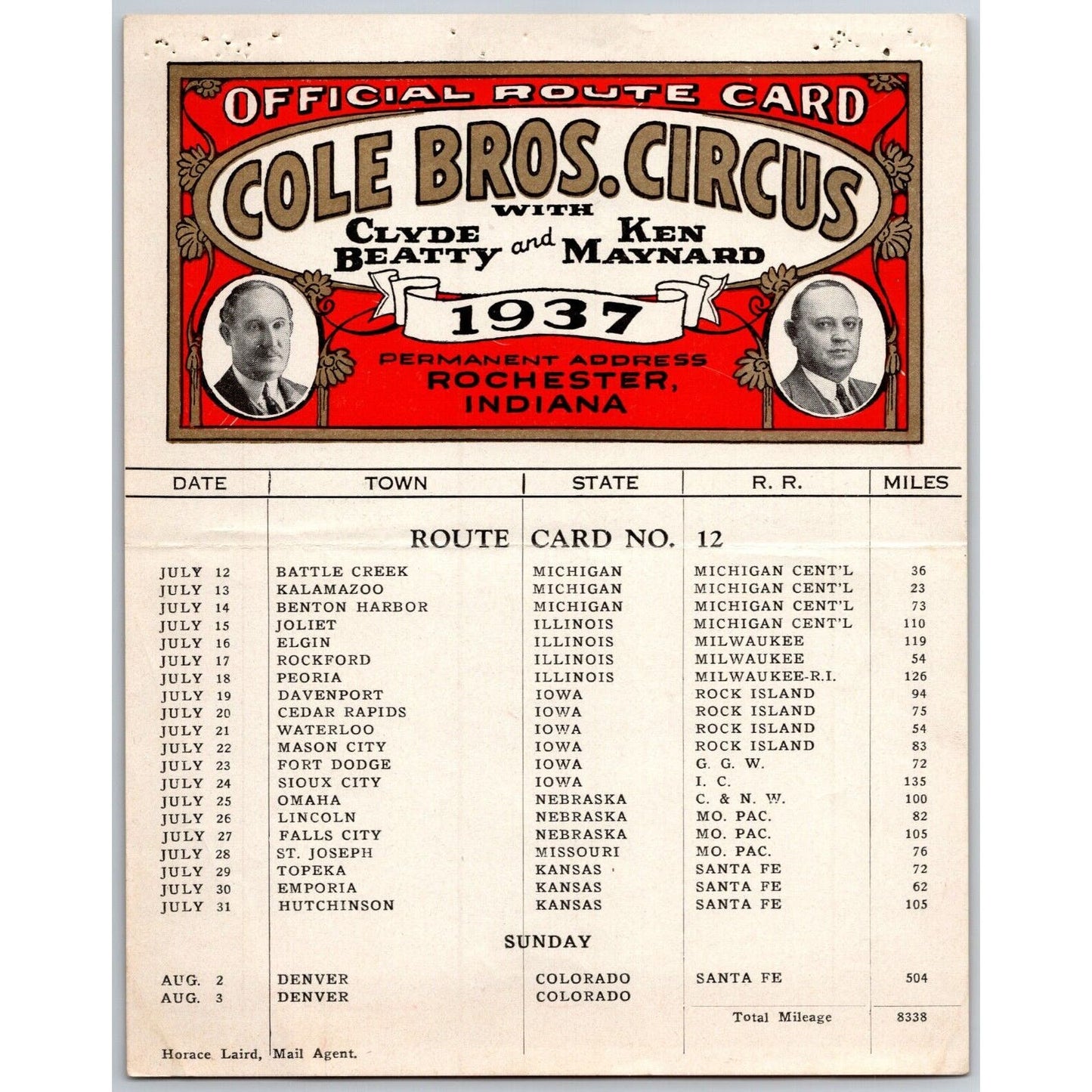 1937 Cole Bros with Clyde Beatty Ken Maynard Circus Route Card MI IL IA NE KS CO