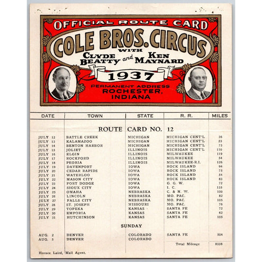 1937 Cole Bros with Clyde Beatty Ken Maynard Circus Route Card MI IL IA NE KS CO
