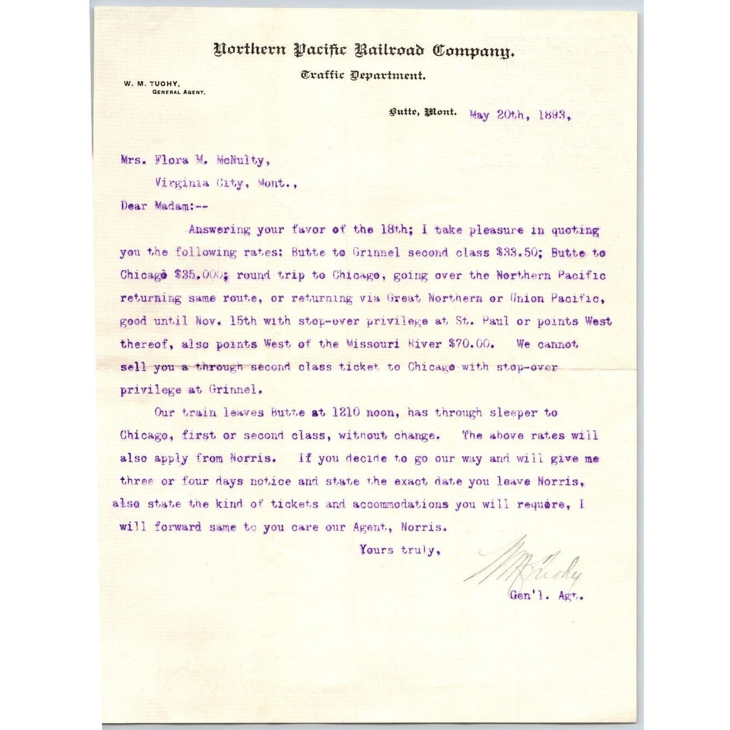 Butte, MT Northern Pacific Railroad 1893 Letterhead Butte to Grinnel Rate Quotes